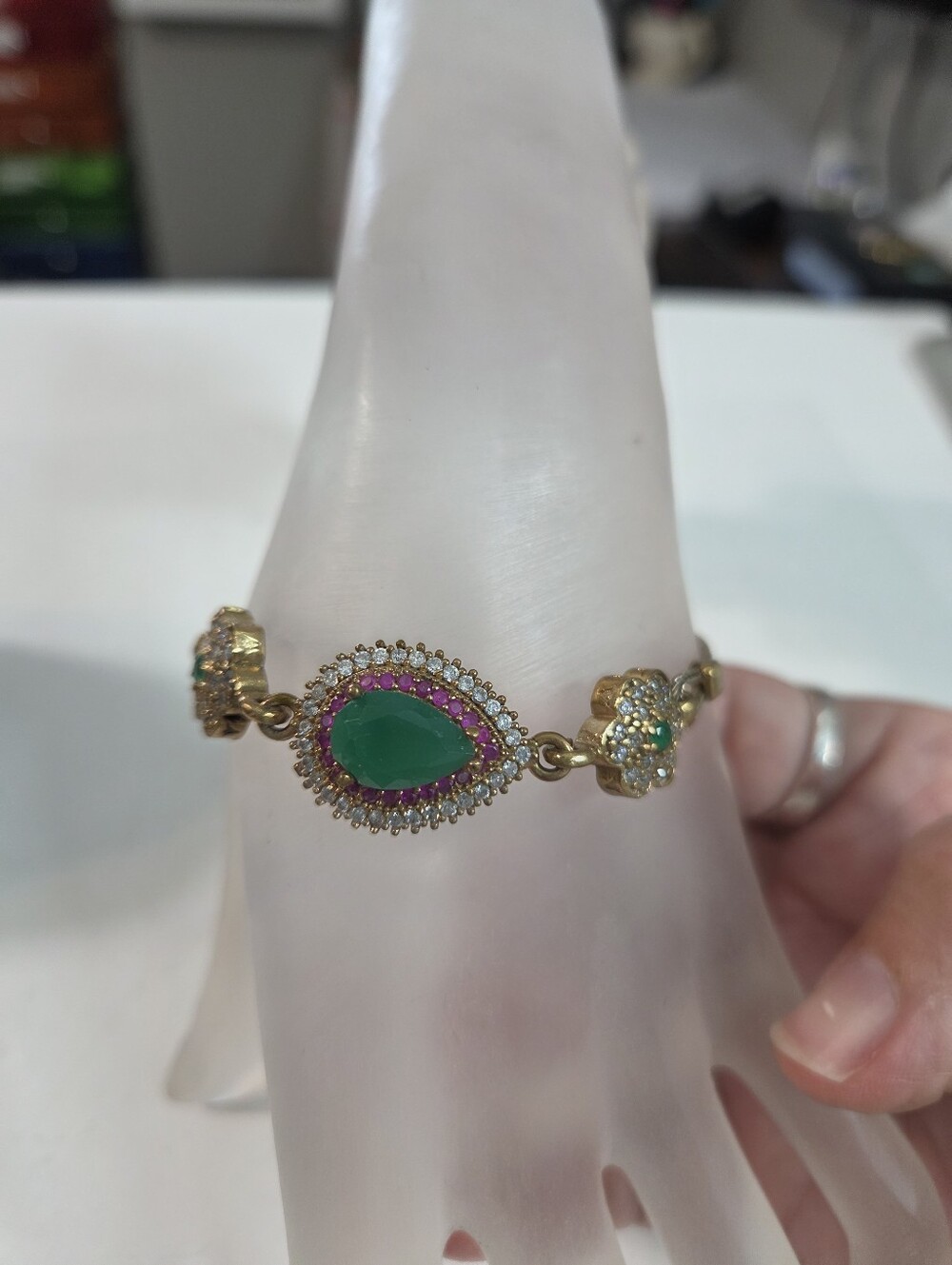 turkish sterling silver 925 ruby stone bracelet green clear rhinestones 7.5in